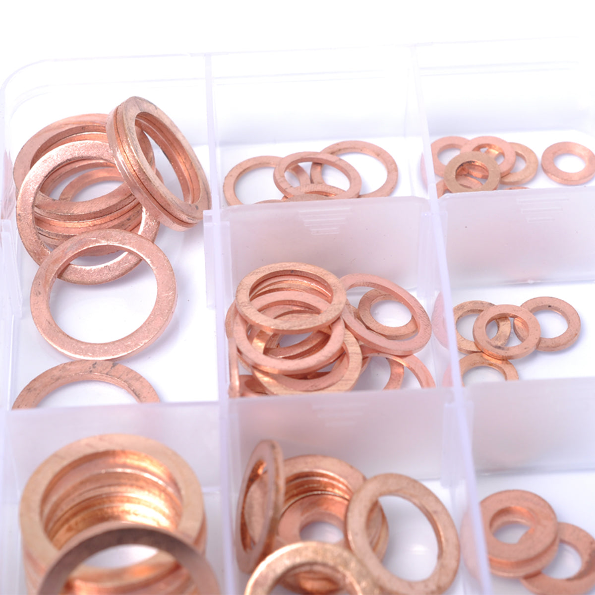 A0394 150Pcs / Set Copper Sealing Washers Flat Rings Gaskets with Plastic Box A0394 150Pcs / Set Copper Sealing Washers Flat Rings Gaskets with Plastic Box